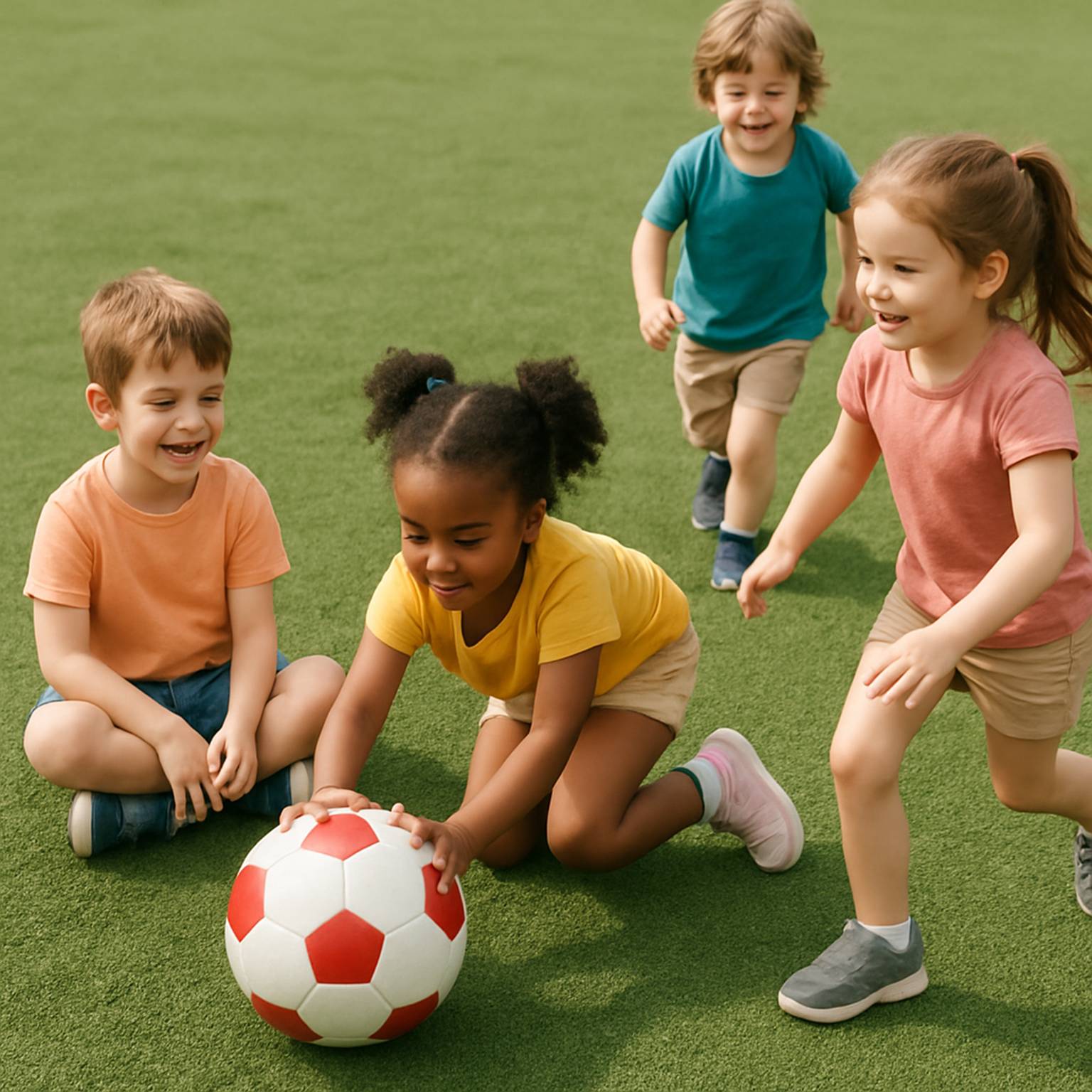 Children playing safely on artificial grass playground